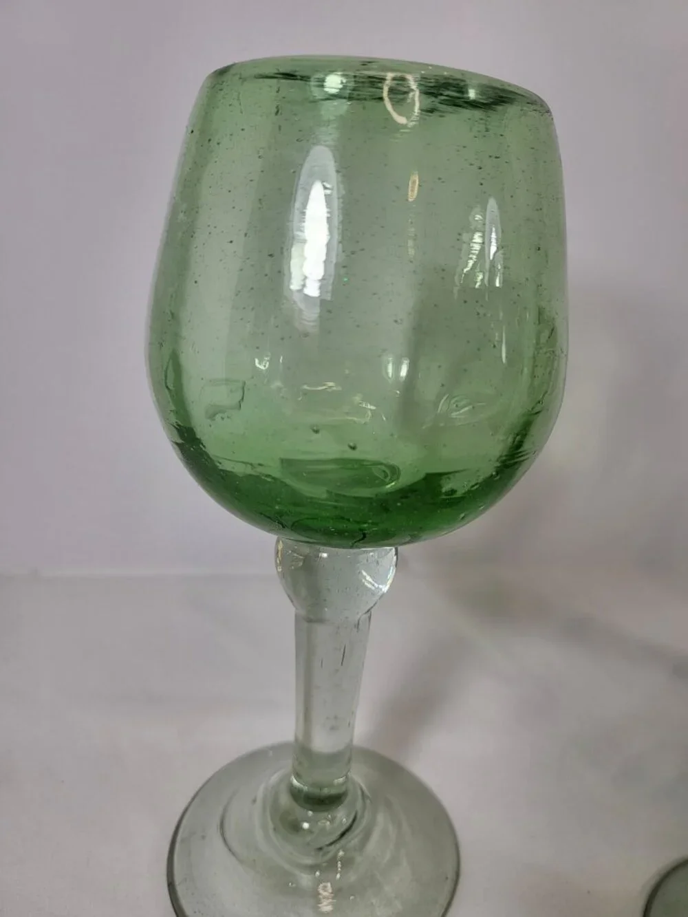 Vintage Hand‎ Blown Green Glass Goblets, Set of 3 Bubble Glass Wine Glasses